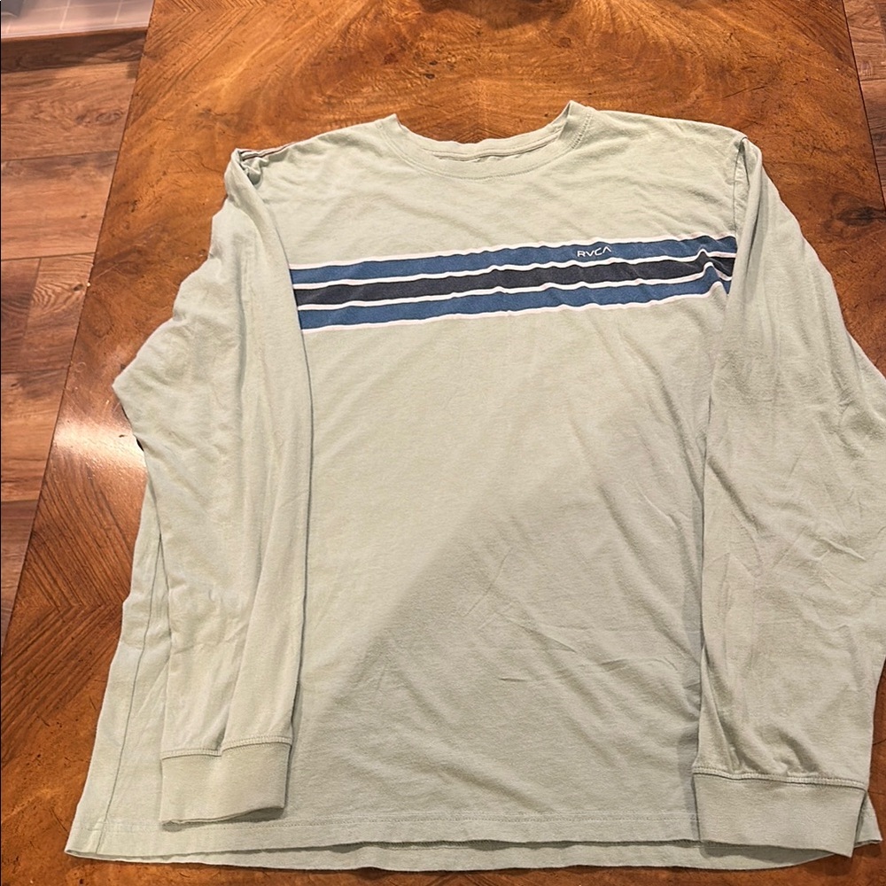 RVCA Men's Light Green Long Sleeve Tee with Blue Stripes